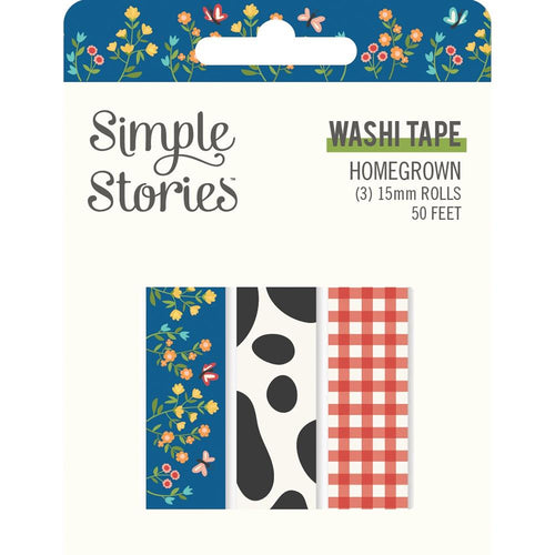 Simple Stories - Homegrown - Washi Tape - 3/Pkg. This package includes 3 rolls of washi tape, 15mm rolls; 50 feet. Made in USA. Available at Embellish Away located in Bowmanville Ontario Canada.