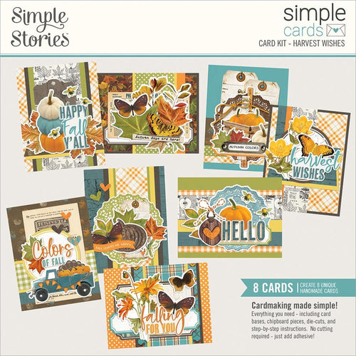 Simple Stories - Simple Cards - Card Kit - Harvest Wishes - Country Harvest. This card kit includes (29) Chipboard Pieces, (59) Die-Cut Bits & Pieces, (8) 4.25 x 5.5 White Cardstock Bases and Complete Step-By-Step Instructions.. Made in USA. Available at Embellish Away located in Bowmanville Ontario Canada.