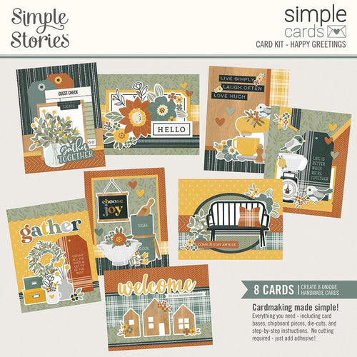 Simple Stories - Simple Cards Card Kit - Happy Greetings - Hearth & Home. Make your cards stand out! This package contains (35) Chipboard Pieces, (69) Die-Cut Bits & Pieces, (8) 4.25 x 5.5 White Cardstock Bases and Complete Step-By-Step Instructions. Imported. Available at Embellish Away located in Bowmanville Ontario Canada.