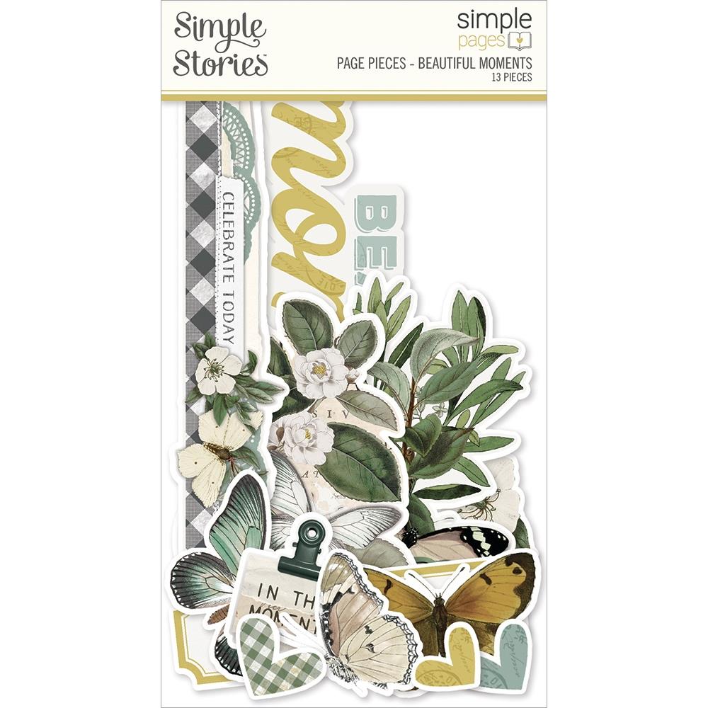 Simple Stories - Simple Pages Page Pieces - Beautiful Moments - Weathered Garden. this package includes 13 Large Die Cut Cardstock Pieces. Available at Embellish Away located in Bowmanville Ontario Canada.