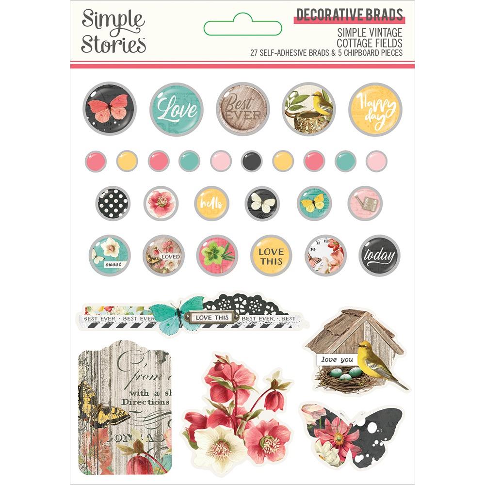 Simple Stories - Simple Vintage Cottage Fields - Decorative Brads. This package includes 27 Self Adhesive Brads and 5 Chipboard pieces. Perfect for adding to Journals, cards and anything else you want just a little something to embellish. Made in USA. Available at Embellish Away located in Bowmanville Ontario Canada.
