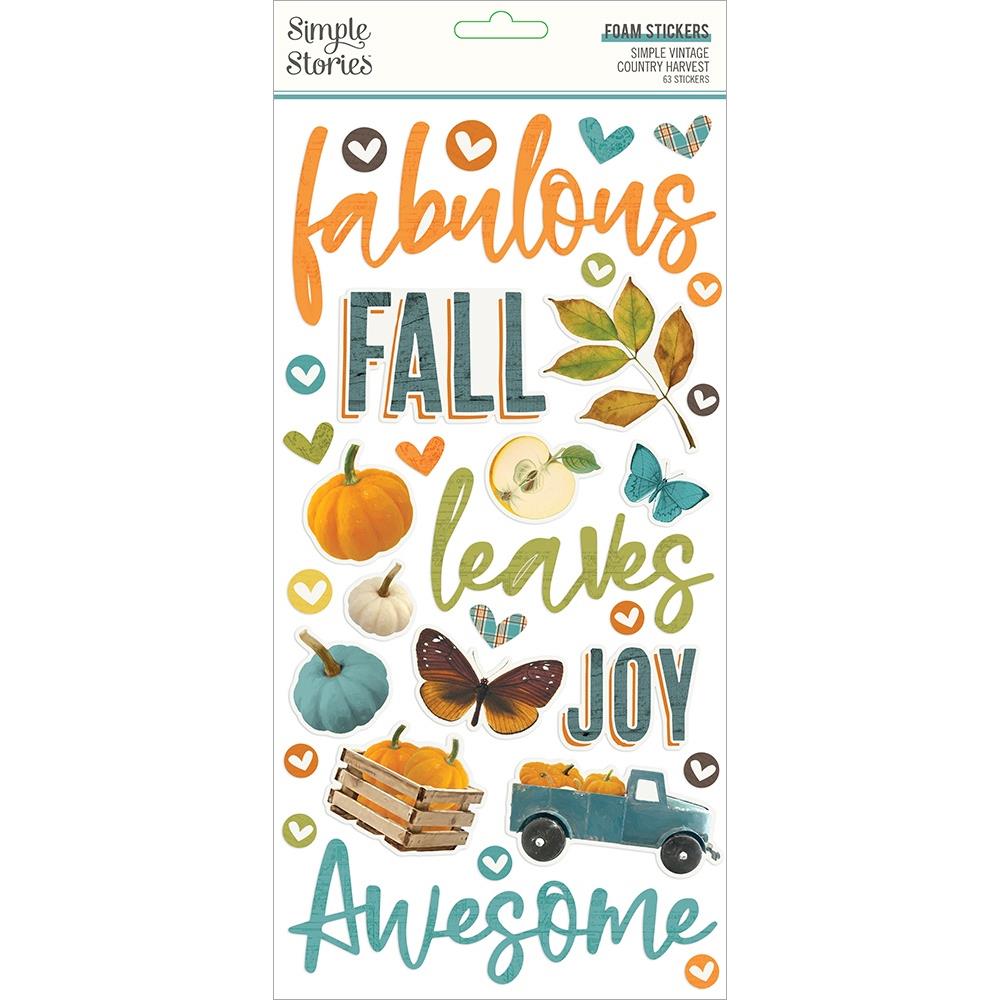 Simple Stories - Simple Vintage Country Harvest - Foam Stickers - 63/Pkg. This package includes 63 Foam Stickers. Made in USA. Available at Embellish Away located in Bowmanville Ontario Canada.