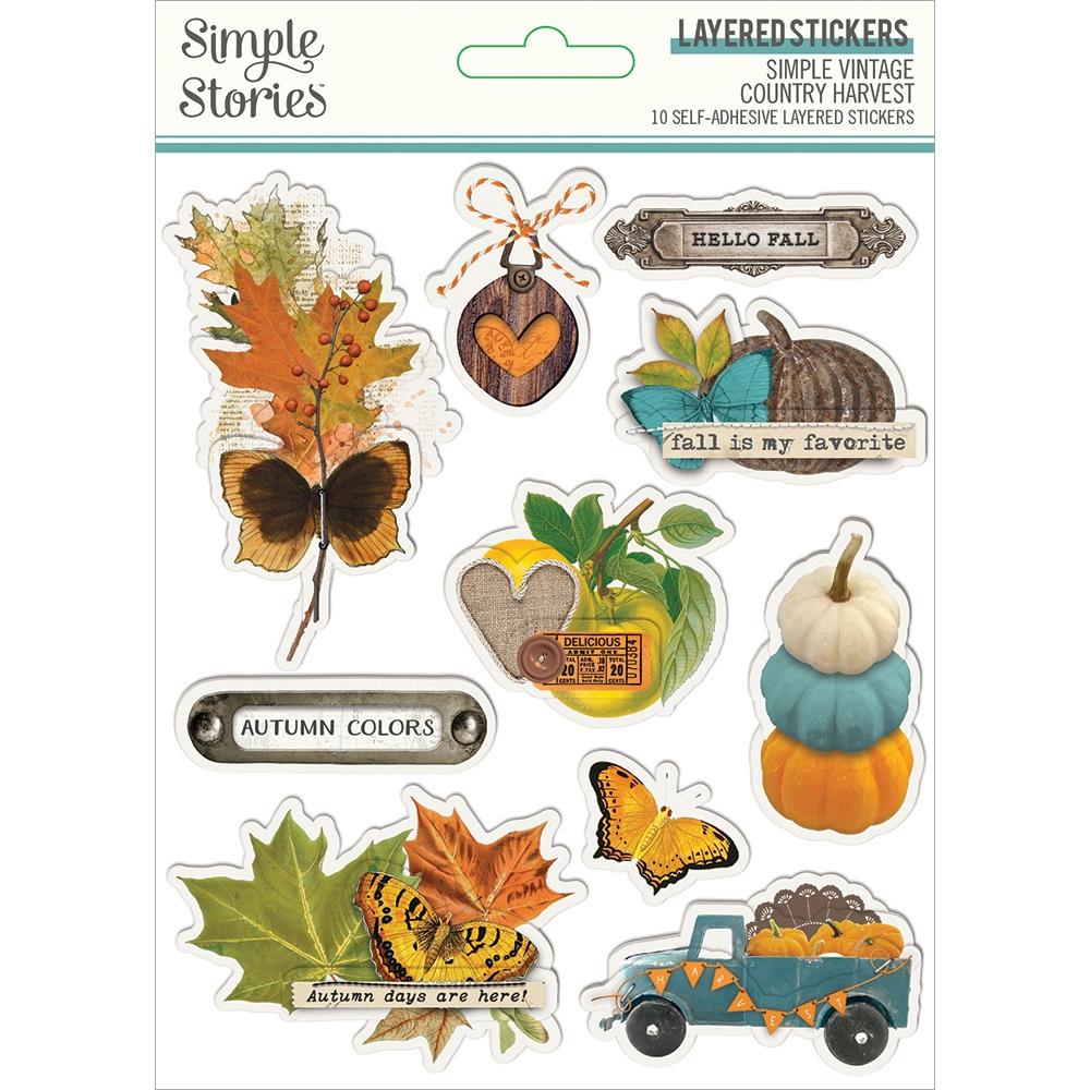 Simple Stories - Simple Vintage Country Harvest - Layered Stickers - 10/Pkg. This package includes 10 Self-adhesive Layered Stickers. Made in USA. Available at Embellish Away located in Bowmanville Ontario Canada.