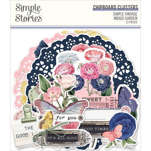 Simple Stories - Simple Vintage Indigo Garden - Chipboard Clusters. Available at Embellish Away located in Bowmanville Ontario Canada.