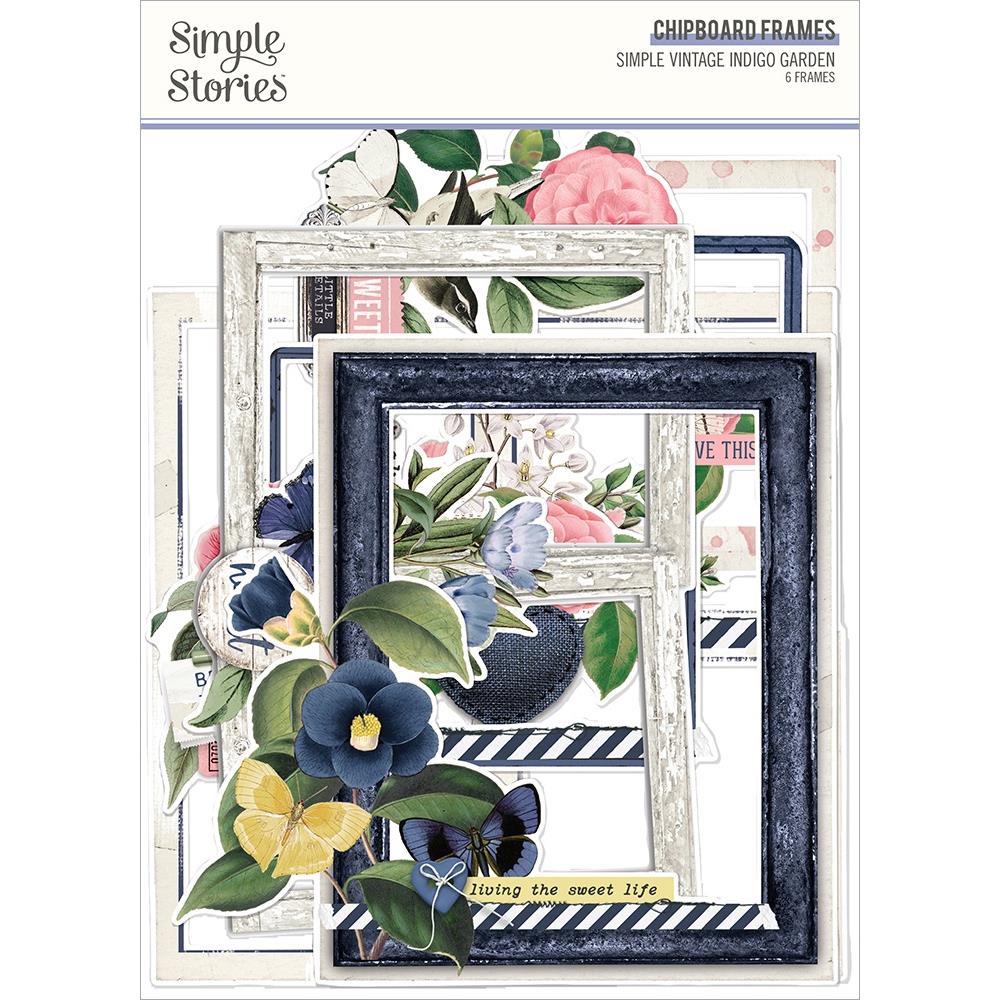 Simple Stories - Simple Vintage Indigo Garden - Chipboard Frames. This package includes 6 Chipboard Frames. Available at Embellish Away located in Bowmanville Ontario Canada.