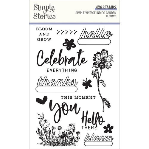 Simple Stories - Simple Vintage Indigo Garden - Photopolymer Clear Stamps. This set includes 16 stamps. Available at Embellish Away located in Bowmanville Ontario Canada.