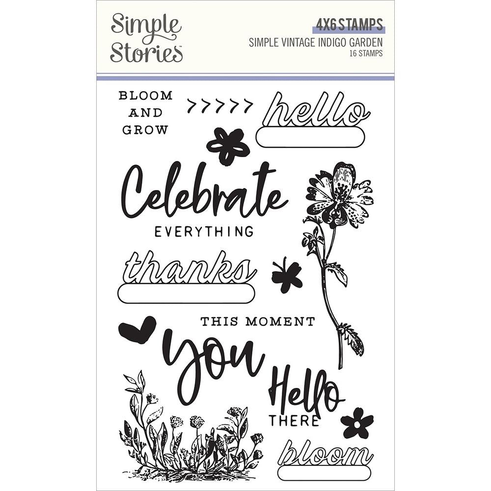 Simple Stories - Simple Vintage Indigo Garden - Photopolymer Clear Stamps. This set includes 16 stamps. Available at Embellish Away located in Bowmanville Ontario Canada.
