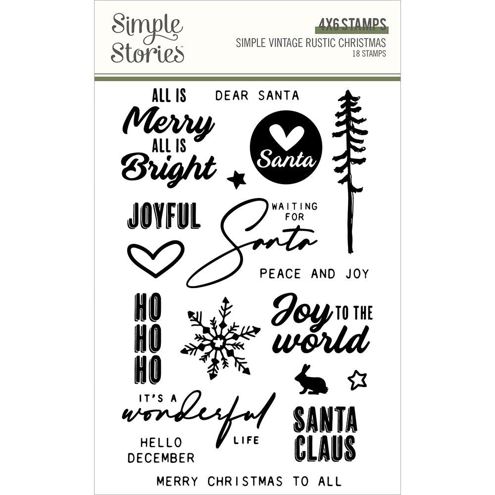 Simple Stories - Simple Vintage Rustic Christmas - Photopolymer Clear Stamps. This package includes 18 stamps. Imported. Available at Embellish Away located in Bowmanville Ontario Canada.