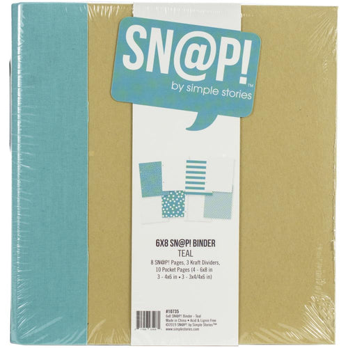 Simple Stories - Sn@p! Binder 6X8 - Teal. This binder includes a variety of pages, pockets, and dividers so you can easily create a personalized album. The binder itself measures 8-3/4x8-3/8x2 inches and holds pages up to 8x6 inches in size. Available at Embellish Away located in Bowmanville Ontario Canada.