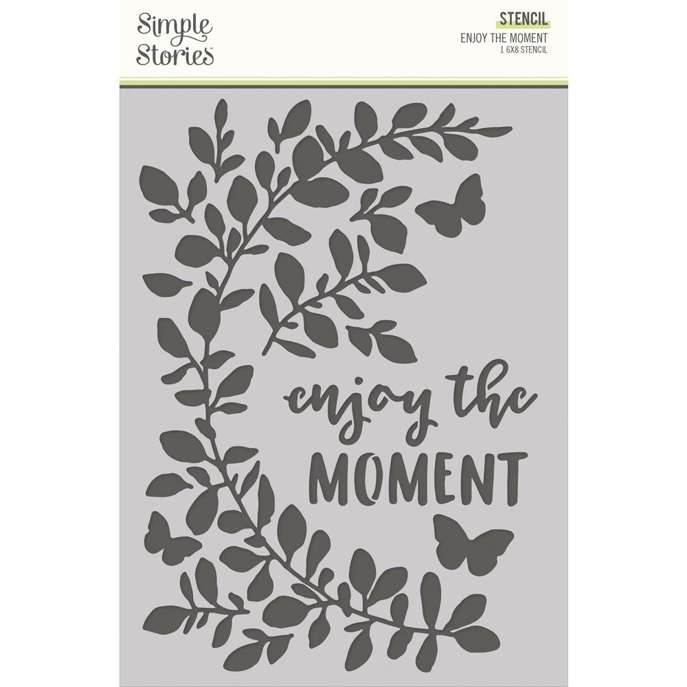 Simple Stories - Stencil 6X8 - Simple Vintage Life In Bloom - Enjoy The Moment. This reusable stencil can be used with your favorite inks, embossing pastes, glitter pastes, texture pastes, paper glazes, paints, sprays, and other crafting mediums. Available at Embellish Away located in Bowmanville Ontario Canada.