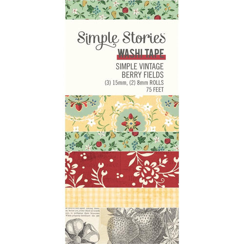 Simple Stories - Washi Tape - 5/Pkg - Simple Vintage Berry Fields. This package of washi tape features five rolls. There are two 8 mm wide rolls and three 15 mm wide rolls. There are 75 feet of washi tape altogether. Available at Embellish Away located in Bowmanville Ontario Canada.