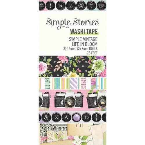 Simple Stories - Washi Tape - 5/Pkg - Simple Vintage Life In Bloom. This package of washi tape features five rolls. There are two 8 mm wide rolls and three 15 mm wide rolls. There are 75 feet of washi tape altogether. Available at Embellish Away located in Bowmanville Ontario Canada.