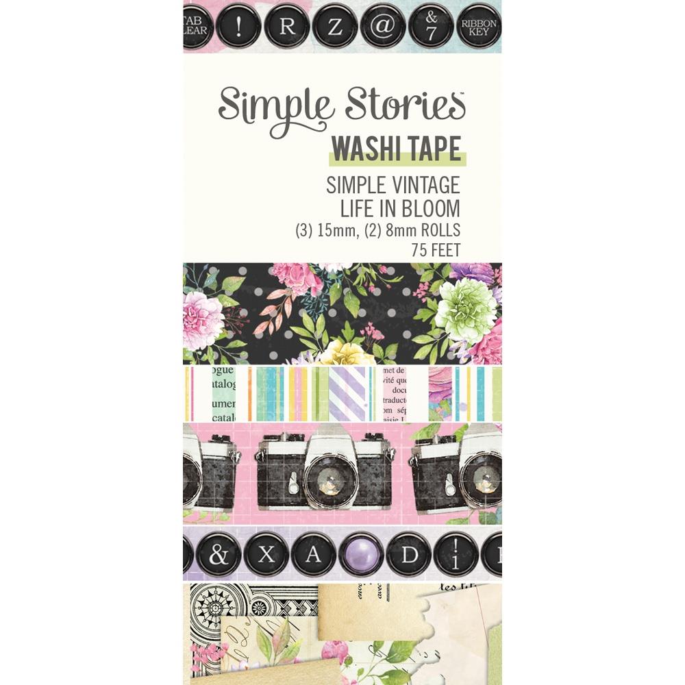 Simple Stories - Washi Tape - 5/Pkg - Simple Vintage Life In Bloom. This package of washi tape features five rolls. There are two 8 mm wide rolls and three 15 mm wide rolls. There are 75 feet of washi tape altogether. Available at Embellish Away located in Bowmanville Ontario Canada.