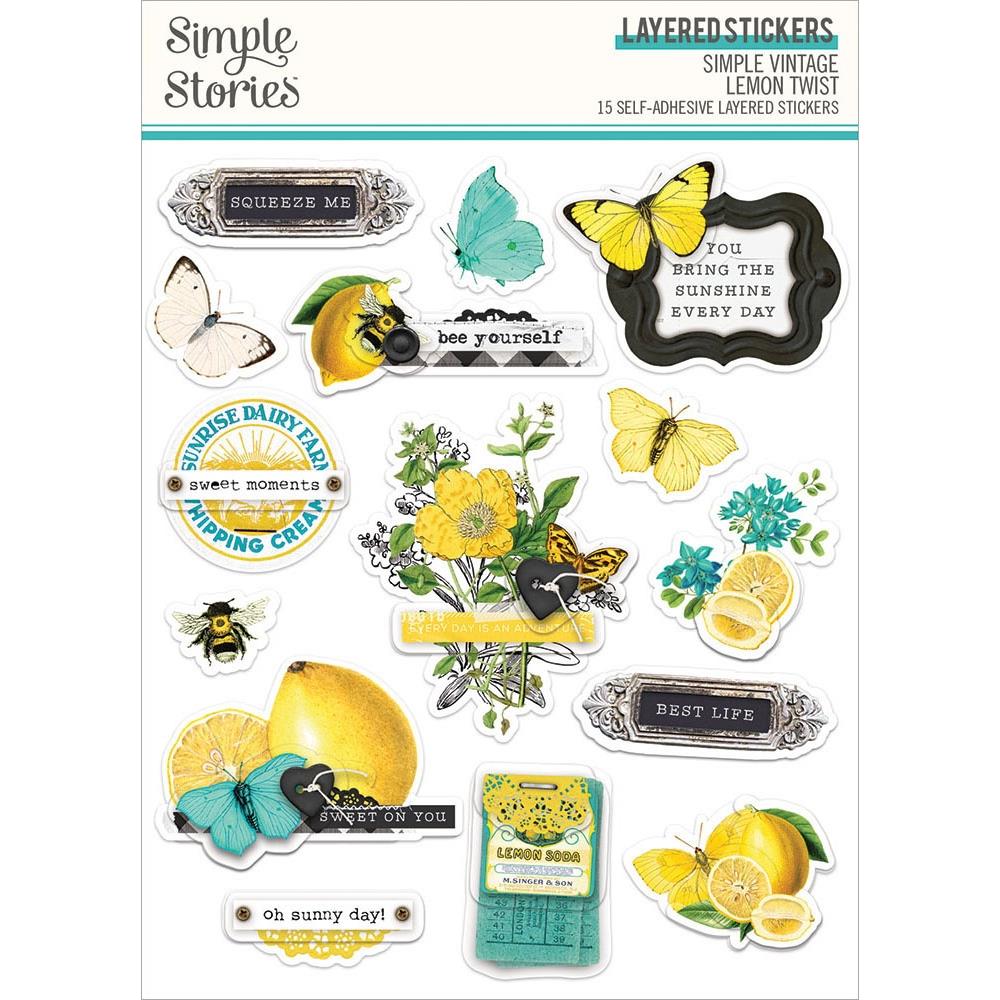 Simple Stories - Simple Vintage Lemon Twist - Layered Stickers - 15/Pkg.  Coordinating Options: Coordinating Options: Collection Kit 12X12, Card Kit, Cardstock Stickers 12x12 - Banner, Cardstock Stickers 12x12 - Combo, Page Pieces, Chipboard Stickers 6x12, Sticker Book, Foam Stickers, Layered Stickers, Decorative Brads, Washi Tape, Clear Stamps, Stencil 6x6, Sticker Book. Available at Embellish Away located in Bowmanville Ontario Canada.