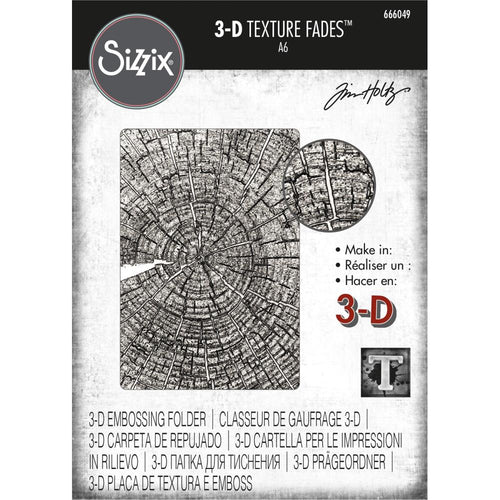 Sizzix - 3D Texture Fades Embossing Folder By Tim Holtz - Tree Rings. Use the embossing folders to turn ordinary cardstock, paper, metallic foil or vellum into an embossed, textured masterpiece. Available at Embellish Away located in Bowmanville Ontario Canada.