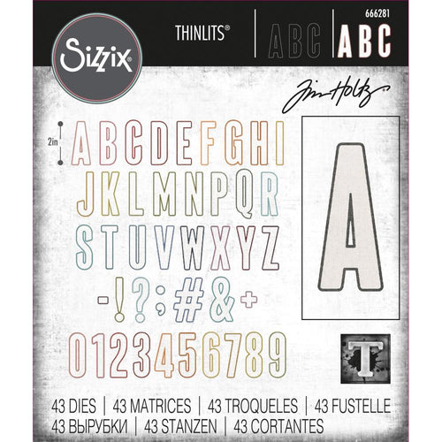 Sizzix - Thinlits Dies By Tim Holtz - 43/Pkg - Alphanumeric Bulletin. Dual-layered and 2 inch high, this Alphabet set makes every word a statement! These 43 dies cuts an outline and an inner letter, to be used separately or together. Available at Embellish Away located in Bowmanville Ontario Canada.