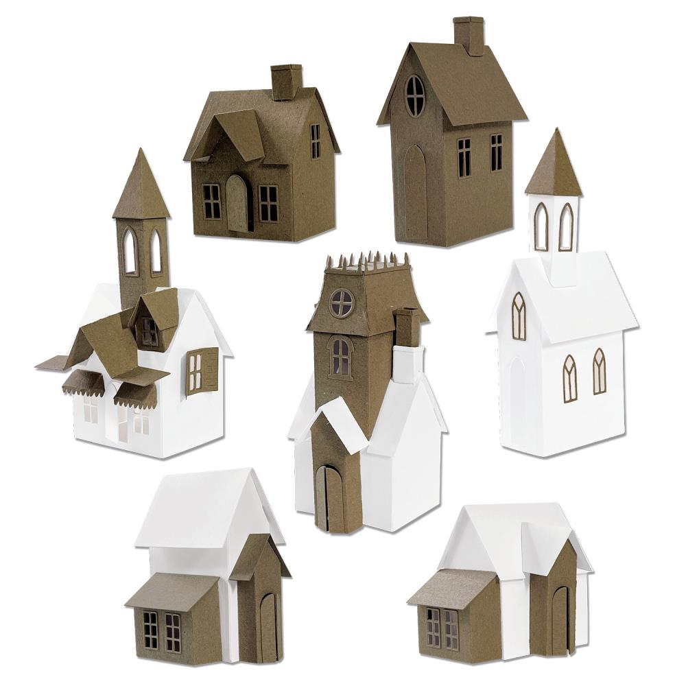 Sizzix - Thinlits Dies By Tim Holtz - Village Collection. Create your own unique village scenes with this incredible collection by Tim Holtz! This 87 piece set has everything you could need to bring your village to life from grand churches and quirky manor houses as well as window frames and porches to add an extraordinary level of detail! Available at Embellish Away located in Bowmanville Ontario Canada.