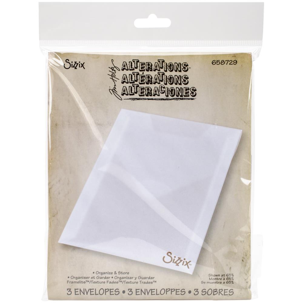 Sizzix - Tim Holtz - Plastic Storage Envelopes 3/Pkg. Organize and store your dies and more! This package contains three 6-1/2x5-1/4x1/4 inch envelopes. Design: For Dies & Stamps. Imported. Available at Embellish Away located in Bowmanville Ontario Canada.