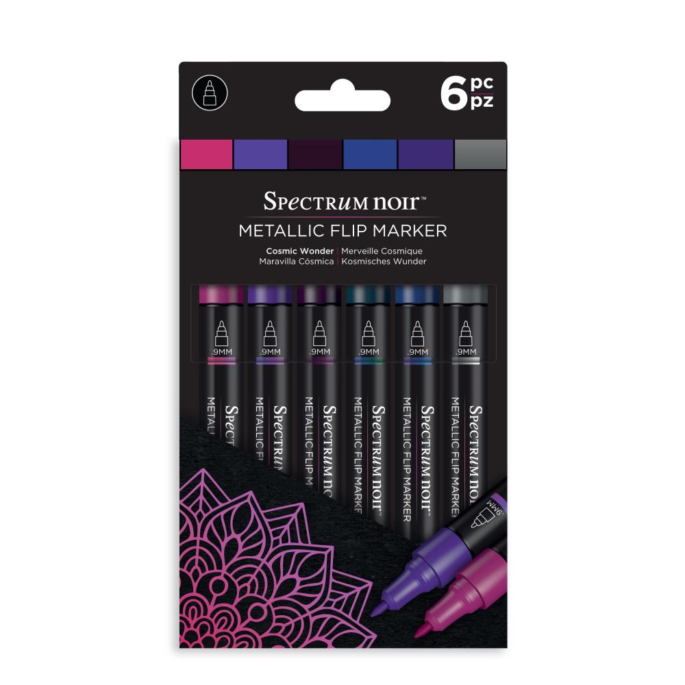 Spectrum Noir - Metallic-Flip Markers - 6/Pkg - Cosmic Wonder. Create stunning iridescent designs with colors that flip and change as they catch the light! These special metallic markers produce a range of shimmering hues for varied effects on light or dark paper. Perfect for writing, lettering, doodling, embellishing and more! This set is six assorted colors. Imported. Available at Embellish Away located in Bowmanville Ontario Canada.