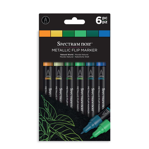 Spectrum Noir - Metallic-Flip Markers - 6/Pkg - Natural World. Create stunning iridescent designs with colors that flip and change as they catch the light! These special metallic markers produce a range of shimmering hues for varied effects on light or dark paper. Perfect for writing, lettering, doodling, embellishing and more! This set is six assorted colors. Imported. Available at Embellish Away located in Bowmanville Ontario Canada.