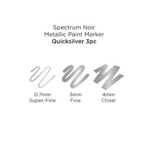 Load image into Gallery viewer, Spectrum Noir - Metallic Paint Marker - 3/Pkg - Quick Silver. A new line of intense, high-shine opaque metallic markers in gold silver and copper. Use on paper, card, canvas, wood, metal, plastic, glass, ceramic and most surfaces. Each set includes: 3 Markers, 1 colour. With a .7MM Superfine Tip, 3MM Fine Tip AND 4 MM Chisel Tip for a huge range of applications. Available at Embellish Away located in Bowmanville Ontario Canada.
