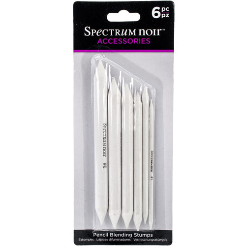 Spectrum Noir-Pencil Blending Stumps. Perfect for blending and smudging colored pencil or any dry medium. This 8-1/2x3-1/2x1/2 inch package contains six blending stumps in assorted sizes. Imported. Available at Embellish Away located in Bowmanville Ontario Canada.