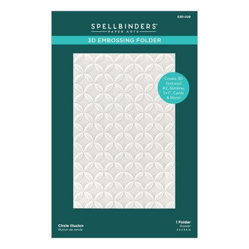 Spellbinders - 3D Embossing Folder - Circle Illusion. Texturize a surface of various card sizes from A2 to a Slimline. For detailed impression, lightly mist the cardstock on both sides with water before embossing. Available at Embellish Away located in Bowmanville Ontario Canada.