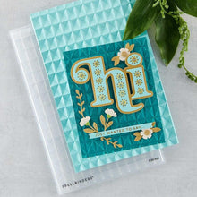 Load image into Gallery viewer, Spellbinders - 3D Embossing Folder - Tile Mosaic. This Embossing Folder can texturize a surface of various card sizes from A2-size to a Slimline Size. For the most detailed impression, lightly mist the cardstock on both sides with water before embossing. Available at Embellish Away located in Bowmanville Ontario Canada Card example by brand ambassador.
