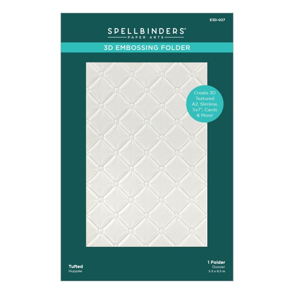 Spellbinders - 3D Embossing Folder - Tufted. This embossing Folder can texturize a surface of various card sizes from A2 to a Slimline Size. For the most detailed impression, lightly mist the cardstock on both sides with water before embossing. Available at Embellish Away located in Bowmanville Ontario Canada