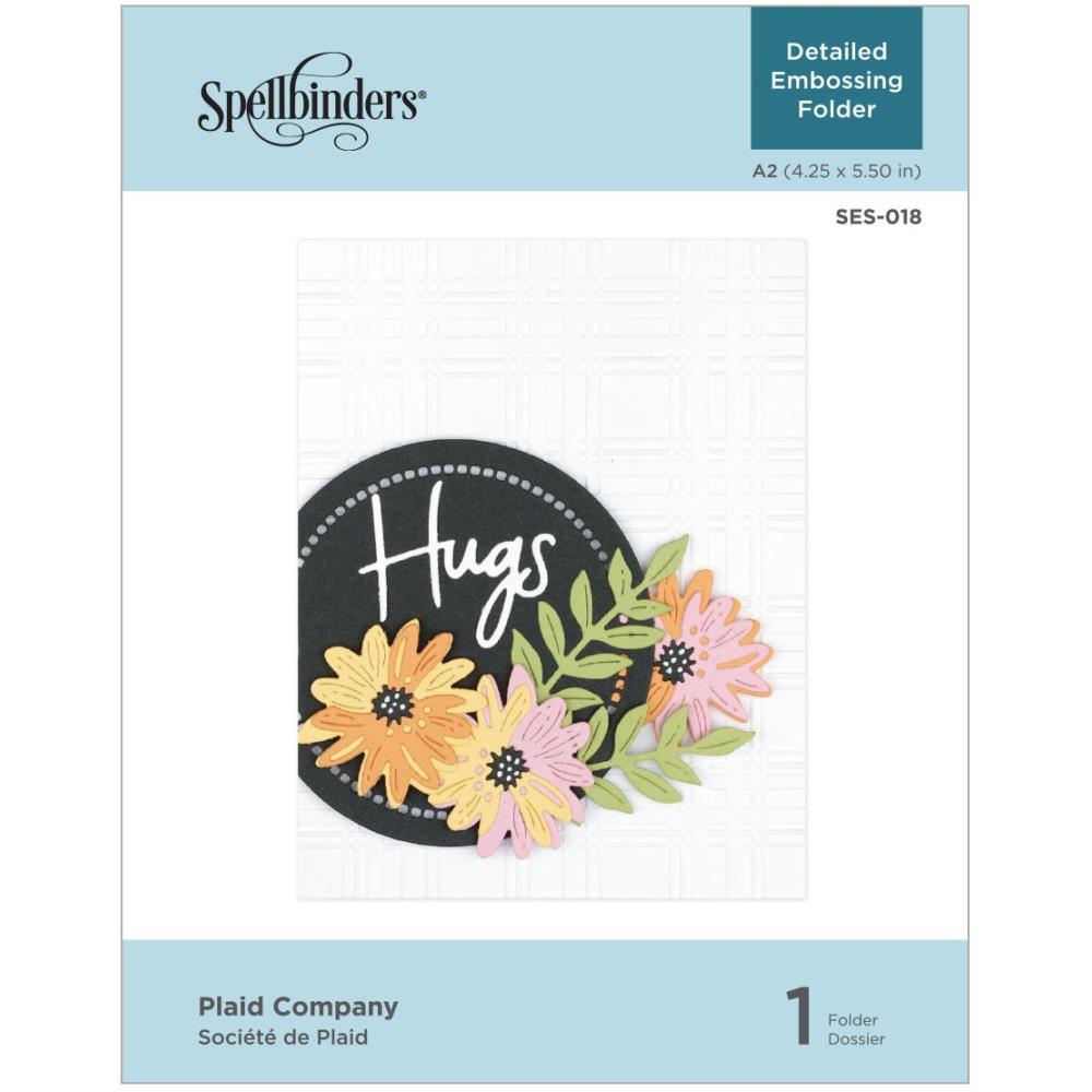 Spellbinders - Embossing Folder - Plaid Company. The Plaid Company Embossing Folder embosses a wonderful plaid pattern that fits an A2-sized (4.25 x 5.5-inch) card front. It adds texture and dimension to your paper. Create a letter press effect by applying ink to one side of the folder. Or highlight the embossed design with ink. Approximate Size: 4.25 x 5.50 inches. Available at Embellish Away located in Bowmanville Ontario Canada.