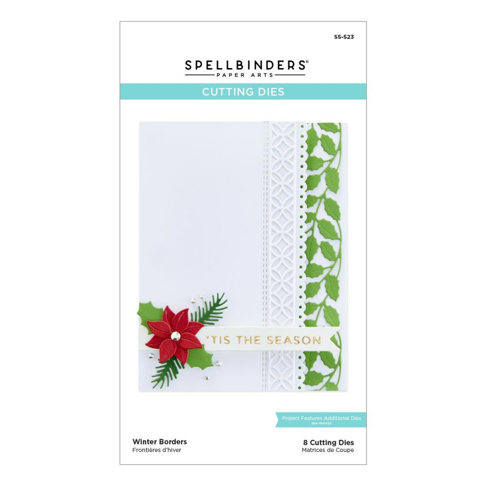 Spellbinders - Etched Dies - Winter Borders - Tinsel Time. Create beautiful holiday and winter themed cards with the look of snowflakes, holly leaves, scalloped edges and more. Winter Borders from the Tinsel Time Collection: a set of 8 metal dies. Available at Embellish Away located in Bowmanville Ontario Canada.