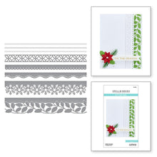 Cargar imagen en el visor de la galería, Spellbinders - Etched Dies - Winter Borders - Tinsel Time. Create beautiful holiday and winter themed cards with the look of snowflakes, holly leaves, scalloped edges and more. Winter Borders from the Tinsel Time Collection: a set of 8 metal dies. Available at Embellish Away located in Bowmanville Ontario Canada.
