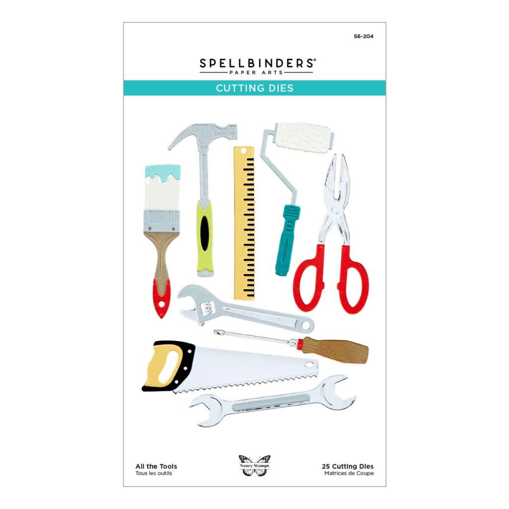 Spellbinders - Etched Dies By Nancy McCabe - Toolbox Essentials - All The Tools. This set includes 25 thin metal cutting dies. It indeed has all the tools from a hammer to a saw and even a ruler! Available at Embellish Away located in Bowmanville Ontario Canada.