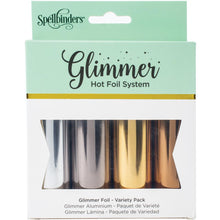Load image into Gallery viewer, Spellbinders - Glimmer Foil Variety Pack - Essential Metallics. Heat-activated foil for use with the Glimmer Hot Foil system or other hot foil stamping products (sold separately). Apply to paper, fabric, leather and more! This package contains four 15 foot rolls of 5 inch wide foil in assorted colors. Imported. Available at Embellish Away located in Bowmanville Ontario Canada.
