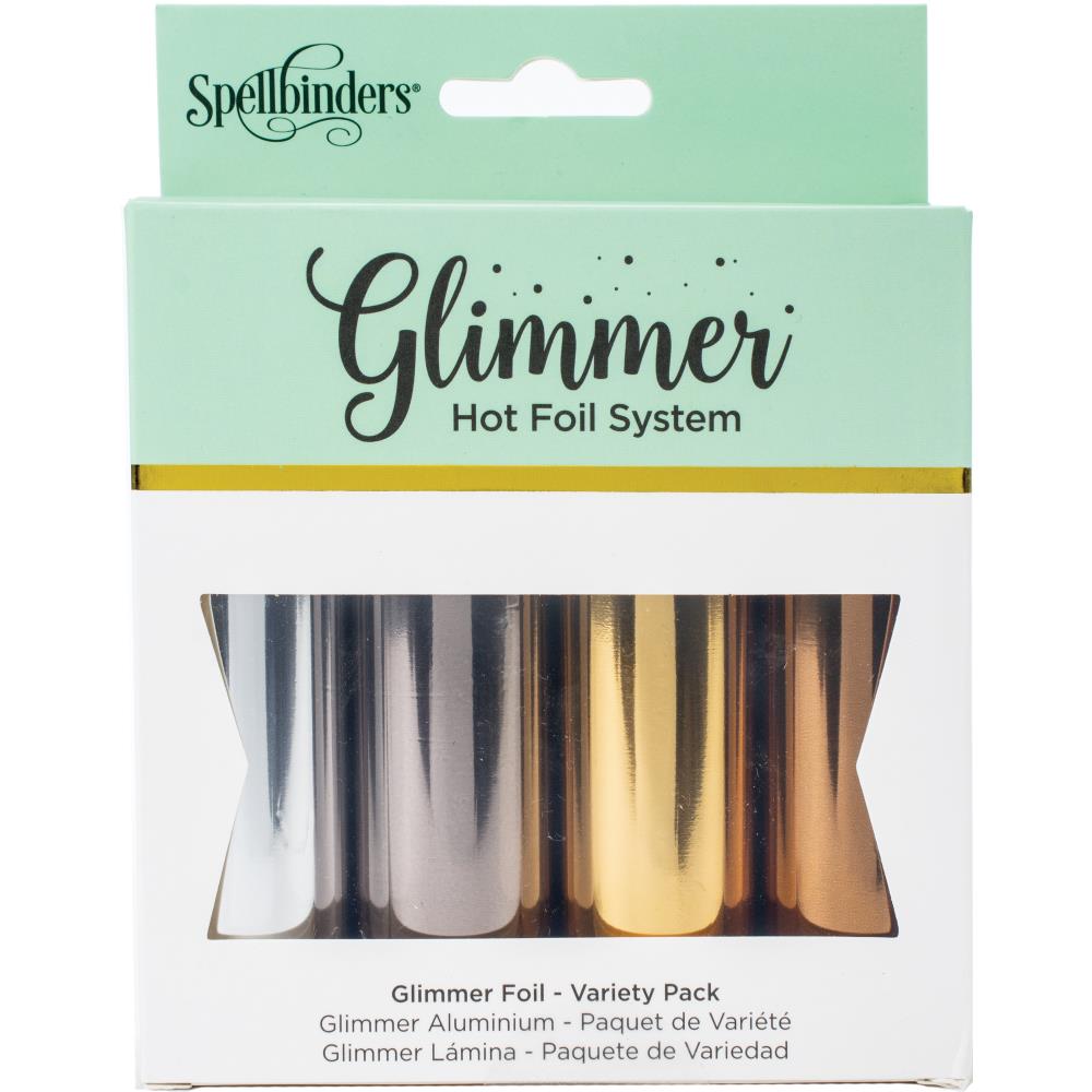 Spellbinders - Glimmer Foil Variety Pack - Essential Metallics. Heat-activated foil for use with the Glimmer Hot Foil system or other hot foil stamping products (sold separately). Apply to paper, fabric, leather and more! This package contains four 15 foot rolls of 5 inch wide foil in assorted colors. Imported. Available at Embellish Away located in Bowmanville Ontario Canada.