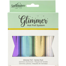 Load image into Gallery viewer, Spellbinders - Glimmer Foil Variety Pack - Spellbound. Heat-activated foil for use with the Glimmer Hot Foil System or other hot foil stamping products (sold separately). This package contains four 15 foot rolls of 5 inch wide heat activated foil in assorted colors. Imported. Available at Embellish Away located in Bowmanville Ontario Canada.
