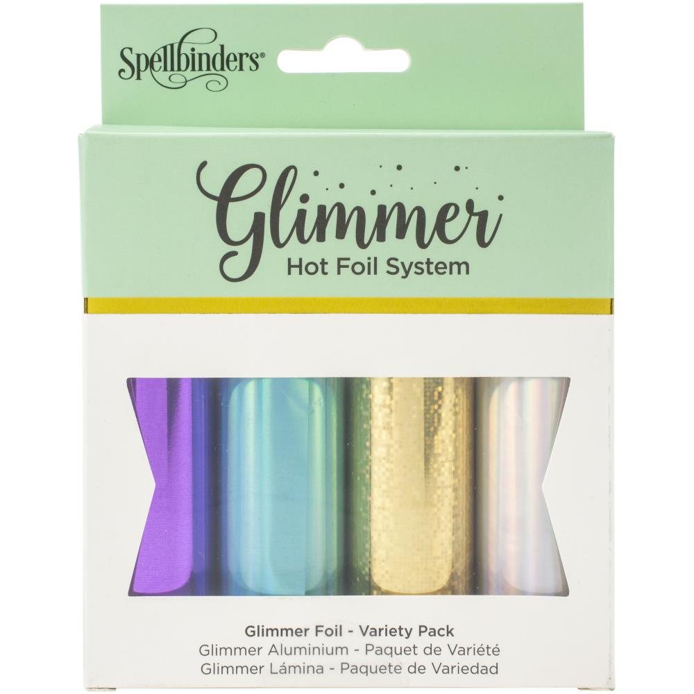 Spellbinders - Glimmer Foil Variety Pack - Spellbound. Heat-activated foil for use with the Glimmer Hot Foil System or other hot foil stamping products (sold separately). This package contains four 15 foot rolls of 5 inch wide heat activated foil in assorted colors. Imported. Available at Embellish Away located in Bowmanville Ontario Canada.