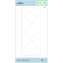 Load image into Gallery viewer, Spellbinders - Slimline Etched Dies - Moroccan Kaleidoscope. Moroccan Kaleidoscope Slimline Etched Dies is part of the Slimline Collection. The set of five thin metal dies creates a beautiful curved geometric designed card panel. There are three areas in the center to add a three-layer kaleidoscope motif. Cut each kaleidoscope accent and stack them to make one stunning design. Available at Embellish Away located in Bowmanville Ontario Canada.
