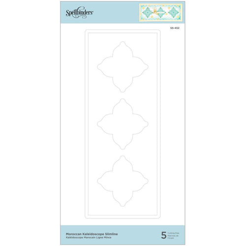 Spellbinders - Slimline Etched Dies - Moroccan Kaleidoscope. Moroccan Kaleidoscope Slimline Etched Dies is part of the Slimline Collection. The set of five thin metal dies creates a beautiful curved geometric designed card panel. There are three areas in the center to add a three-layer kaleidoscope motif. Cut each kaleidoscope accent and stack them to make one stunning design. Available at Embellish Away located in Bowmanville Ontario Canada.