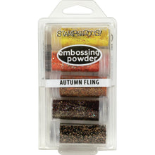 Load image into Gallery viewer, Stampendous - Embossing Powder - 5/Pkg .86oz - Autumn Fling. Exclusive embossing powders and enamels work in combination to enhance Fall scenes and backgrounds. Package includes 5 small jars in a snap-shut case in colors Sunlit Yellow, Pumpkin Spice, Aged Spice, Pinecone and Seasonings powders. Net weight 1.02 oz. (29g). Made in the USA. Available at Embellish Away located in Bowmanville Ontario Canada.
