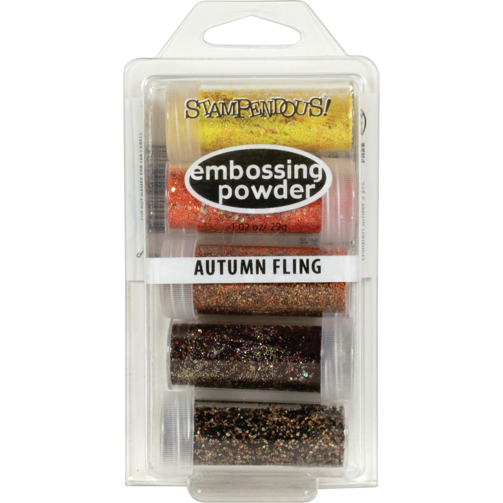 Stampendous - Embossing Powder - 5/Pkg .86oz - Autumn Fling. Exclusive embossing powders and enamels work in combination to enhance Fall scenes and backgrounds. Package includes 5 small jars in a snap-shut case in colors Sunlit Yellow, Pumpkin Spice, Aged Spice, Pinecone and Seasonings powders. Net weight 1.02 oz. (29g). Made in the USA. Available at Embellish Away located in Bowmanville Ontario Canada.