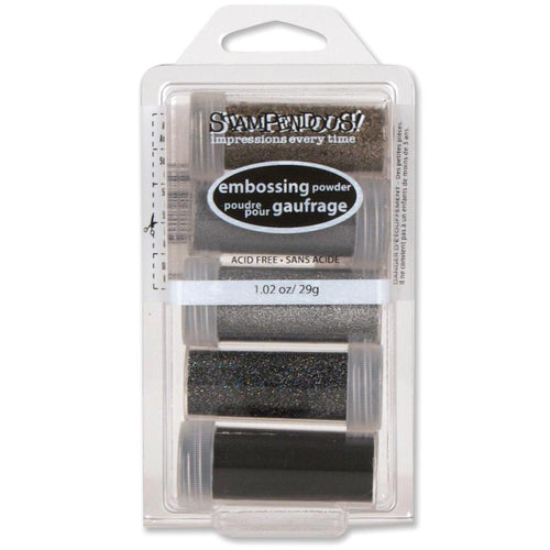 Stampendous - Embossing Powder - Aperture. Stampendous-Embossing Powder Kit: Aperture. Give all your projects a unique look! Apply generously over slow drying ink and heat to set. This package contains five embossing powders in Aged Silver, Sterling Silver, Silver Tinsel, Marcasite and Detail Black colors. Acid free. Made in USA. Available at Embellish Away located in Bowmanville Ontario Canada.