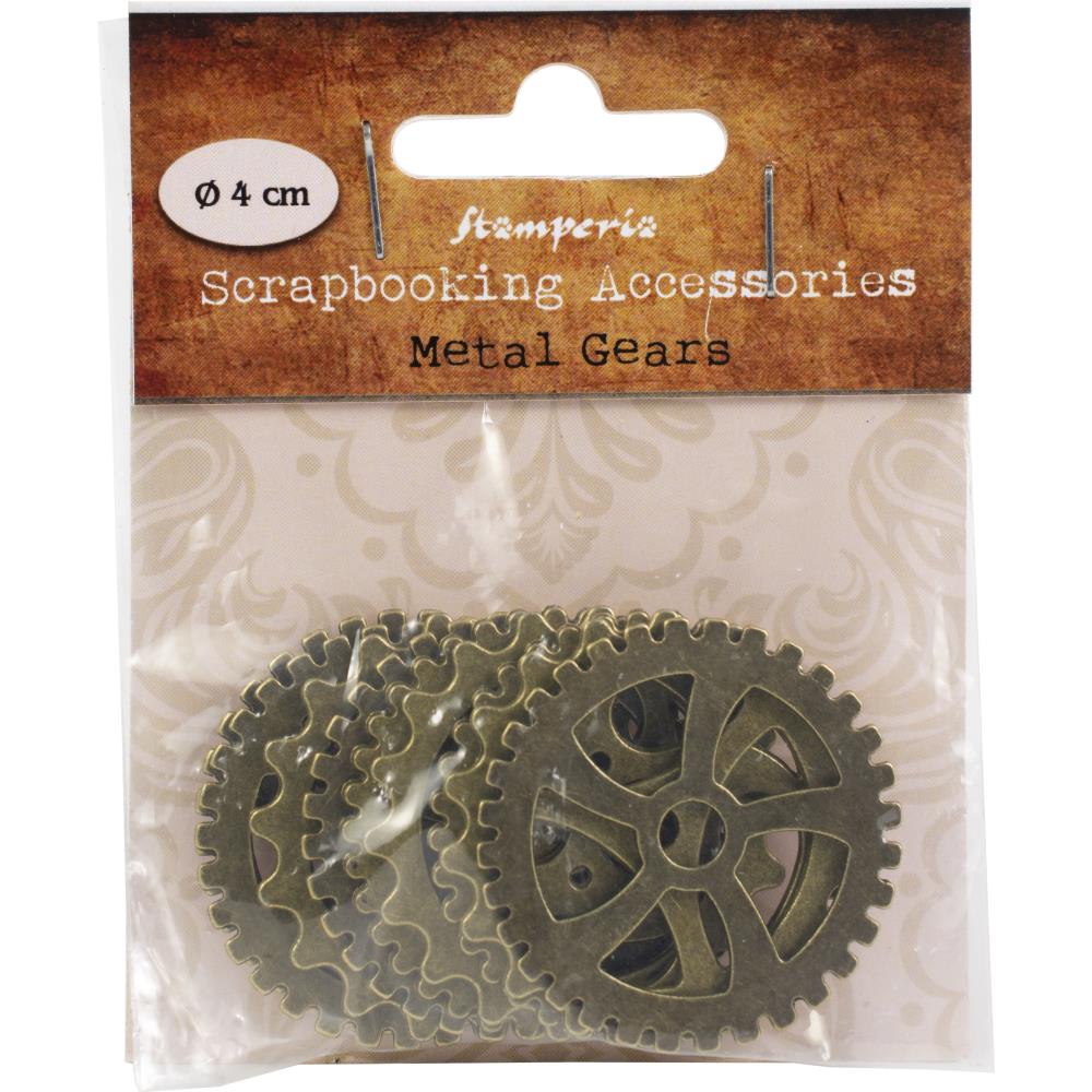 Stamperia - Big Metal Gears. These metal embellishments are the perfect finishing touch to any project! This 3.125x4 inch package contains an assortment of metal gear embellishments. Imported. Available at Embellish Away located in Bowmanville Ontario Canada.
