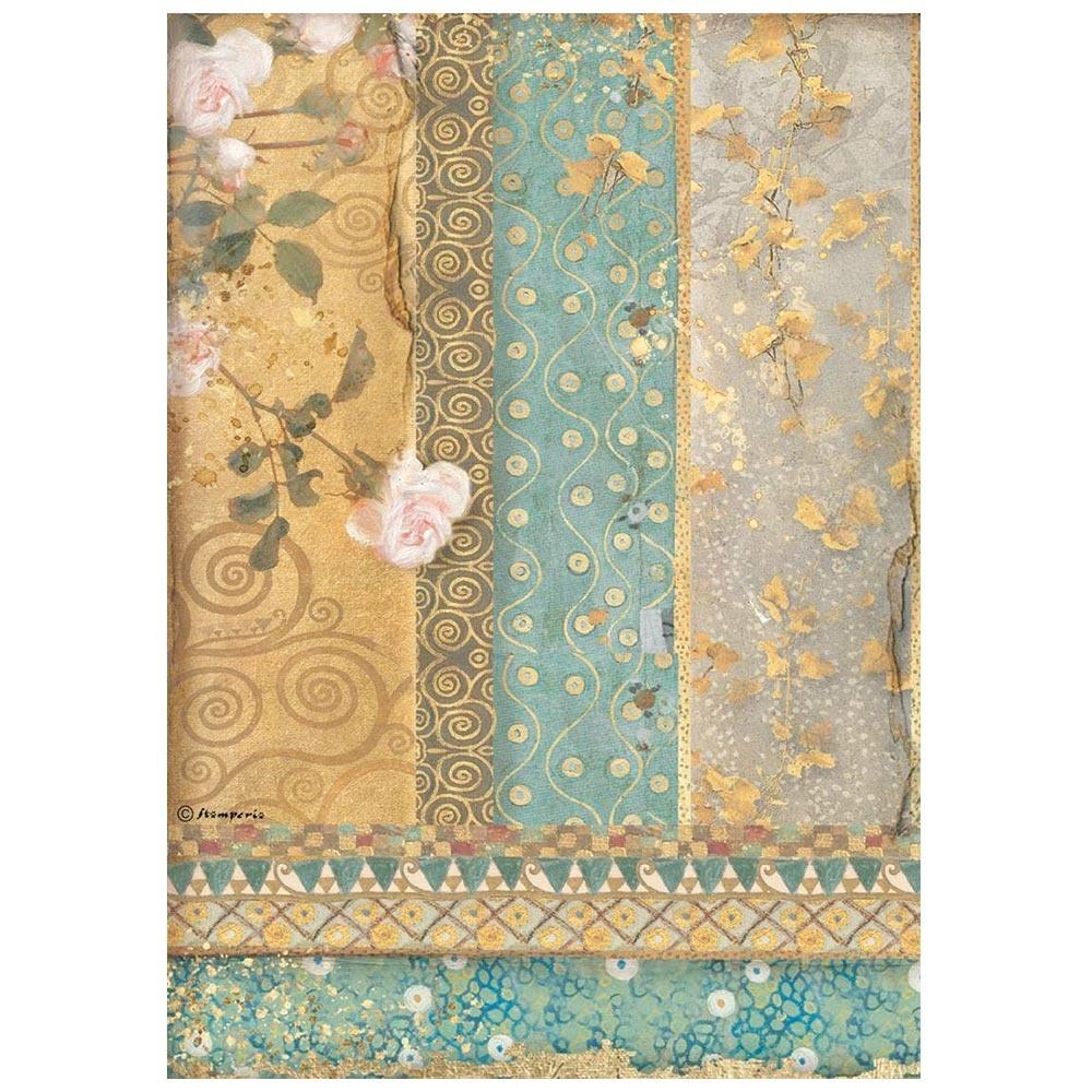 Stamperia - Rice Paper Sheet A4 - Gold Ornaments - Klimt. A fun and unique addition to scrapbook pages, greeting cards and more! This package contains six 8.25x11.75 inch rice paper sheets - one design. Available in a variety of designs, each sold separately. Imported. Available at Embellish Away located in Bowmanville Ontario Canada.