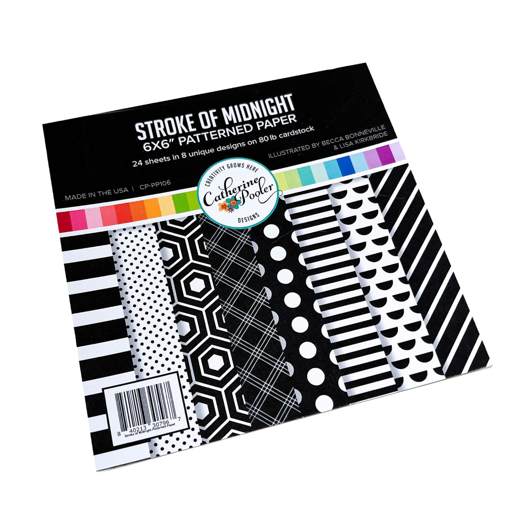 Catherine Pooler - 6x6 Patterned Paper -  Stroke of Midnight. The Stroke of Midnight Patterned Paper is a Midnight and White mix of patterns using some of our favorite classic dots and stripes and some new geometrics that will be a go to for any project that needs a graphic pop! Available at Embellish Away located in Bowmanville Ontario Canada.