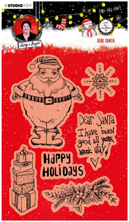 Studio Light - ABM Clear Stamp - Christmas Dear Santa - Essentials - 148x210x1mm - 1 PC - nr.84. This clear stamp set features Santa Claus, presents, a snowflake and garland. 6 stamps. Size: 5.8x8.3 in. Available at Embellish Away located in Bowmanville Ontario Canada.