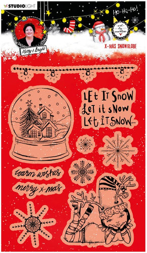 Studio Light - ABM Clear Stamp - Christmas Snow Globe - Essentials - 148x210x1mm - 1 PC - nr.83. This set features a snow globe, a elf, snowflakes and a string of lights and also the perfect Christmas and Winter sentiments. 9 stamps. Size: 5.8x8.3 in. Available at Embellish Away located in Bowmanville Ontario Canada.