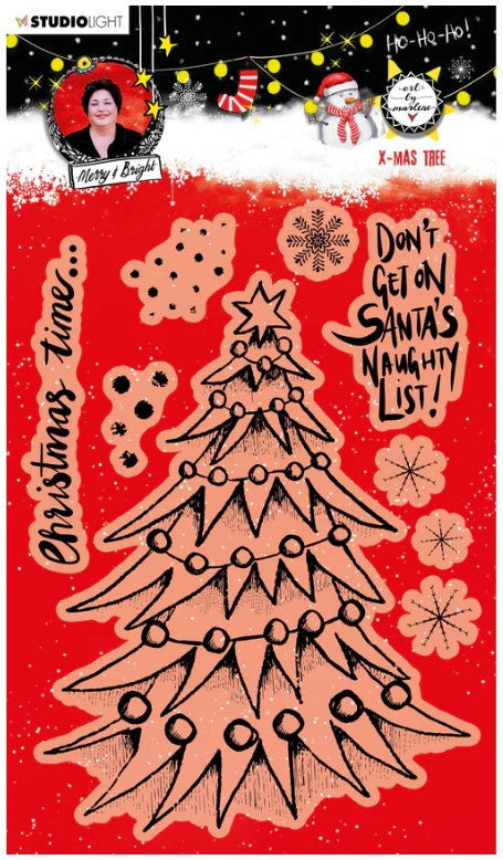 Studio Light - ABM Clear Stamp - Christmas Tree - Essentials - 148x210x1mm - 1 PC - nr.82. This clear stamp set features a Christmas Tree, snowflakes and also the perfect Christmas and Winter sentiments. 9 stamps. Size: 5.8 x 8.3 inches. Available at Embellish Away located in Bowmanville Ontario Canada.