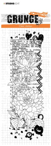 Studio Light - Clear Stamp - Dahlia Flower Love Grunge. This mixed media style stamp features images of Dahlia Flowers in a collage style.  Size: 3 x 8.3 inches. Available at Embellish Away located in Bowmanville Ontario Canada.