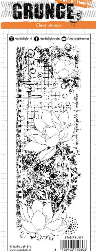 Studio Light Clear Stamp Grunge Collection 74x210mm nr.497. This grunge style slimline stamp includes large images of flowers.  Size: 2 x 5.8 inches. Available in Bowmanville Ontario Canada.